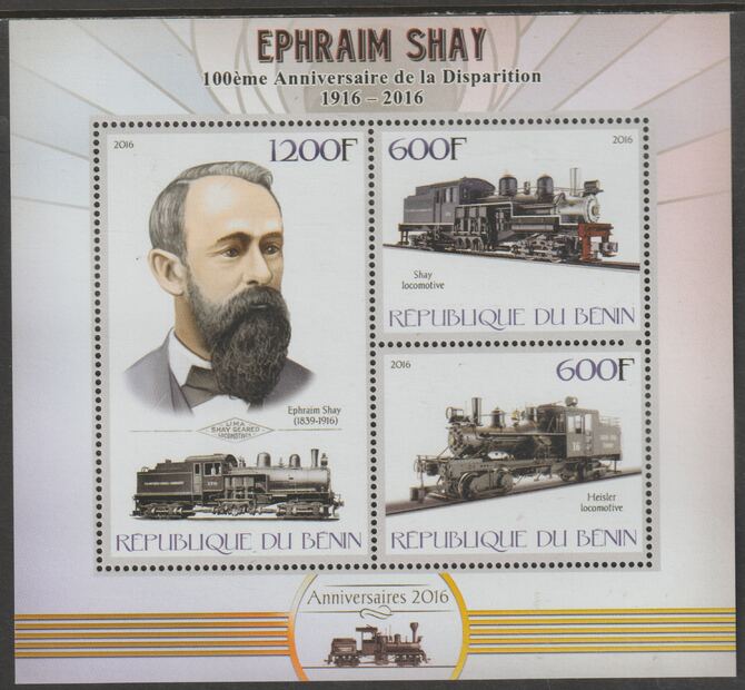 Benin 2016 Ephraim Shay - Locomotives perf sheet containing three values unmounted mint