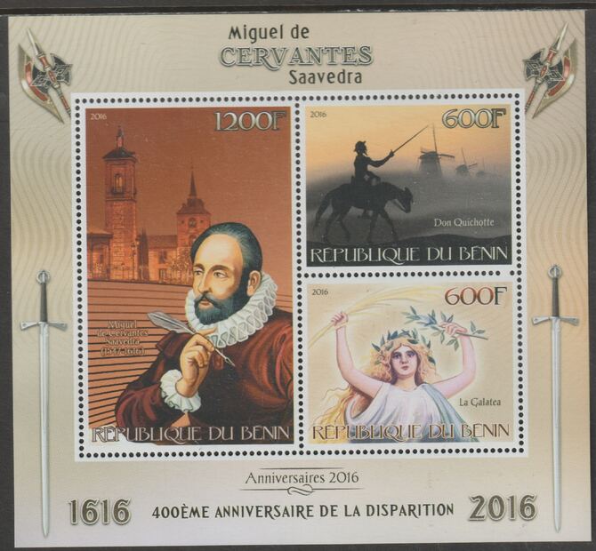 Benin 2016 Cervantes - Writer perf sheet containing three values unmounted mint