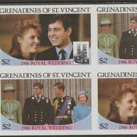 St Vincent - Grenadines 1986 Royal Wedding (Andrew & Fergie) $2 unmounted mint imperf proof block of 4 (2 se-tenant pairs) without staple holes in margin and therefore not from booklets