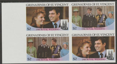 St Vincent - Grenadines 1986 Royal Wedding (Andrew & Fergie) $2 unmounted mint imperf proof block of 4 (2 se-tenant pairs) without staple holes in margin and therefore not from booklets
