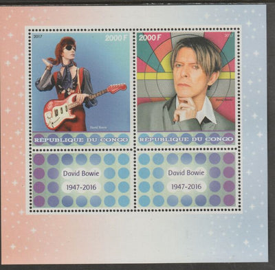 Congo 2017 David Bowie perf sheet containing two values plus two labels unmounted mint
