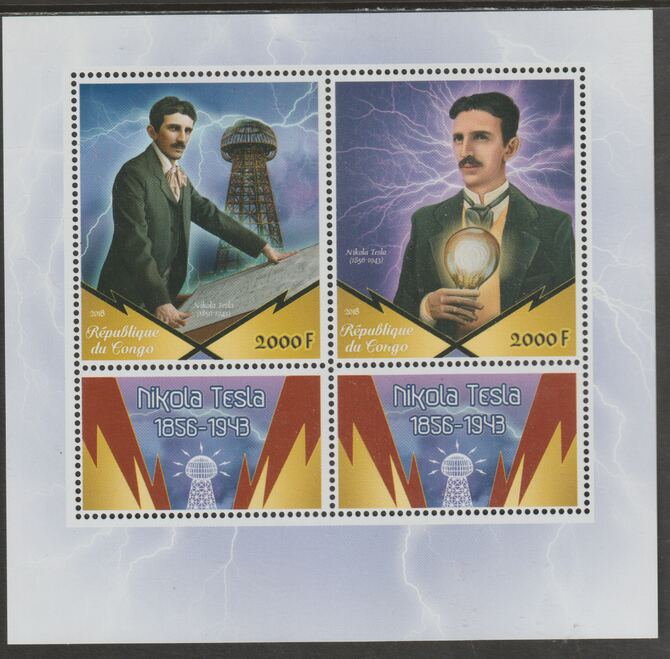Congo 2018 Nikola Tesla perf sheet containing two values plus two labels unmounted mint