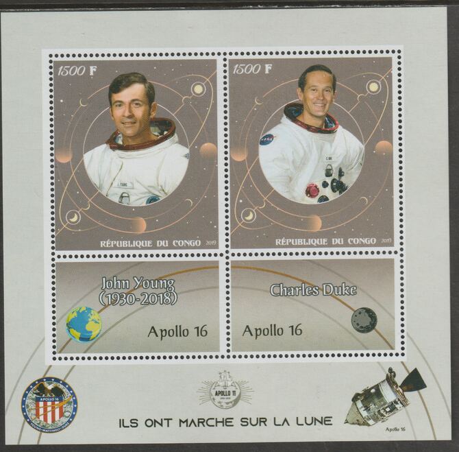 Congo 2019 Apollo 16 perf sheet containing two values plus two labels unmounted mint