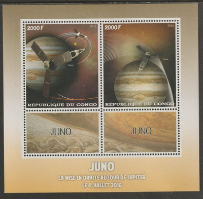 Congo 2016 Juno Space Mission perf sheet containing two values plus two labels unmounted mint