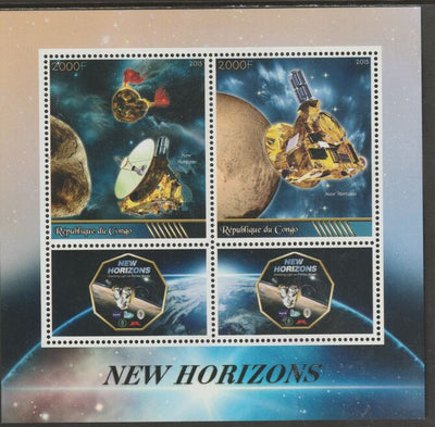 Congo 2015 New Horizons Space Mission perf sheet containing two values plus two labels unmounted mint