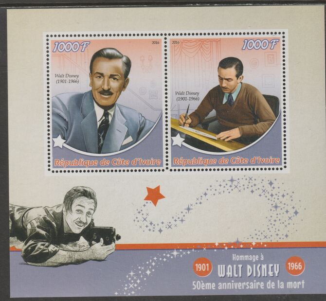 Ivory Coast 2016 Walt Disney - 50th Death Anniversary perf sheet containing two values unmounted mint