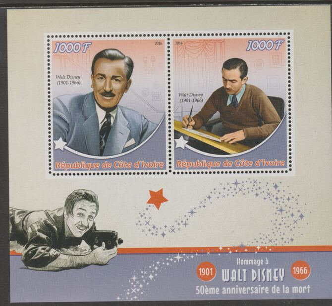 Ivory Coast 2016 Walt Disney - 50th Death Anniversary perf sheet containing two values unmounted mint