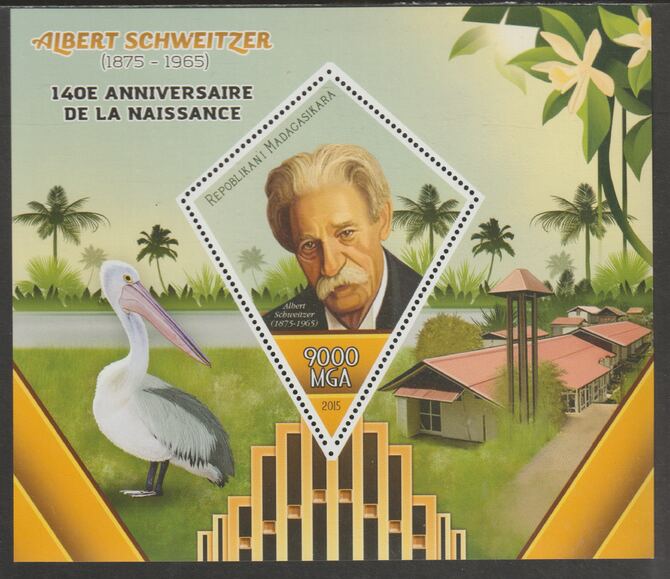Madagascar 2015 Albert Schweitzer 140th Birth Anniversary perf deluxe sheet containing one diamond shaped value unmounted mint