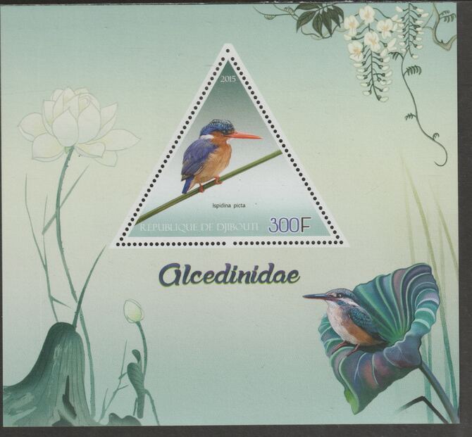 Djibouti 2015 Kingfishers perf deluxe sheet containing one triangular shaped value unmounted mint