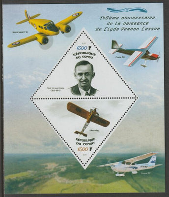 Congo 2019 Clyde Cessna 140th Birth Anniversary perf sheet containing two triangular values unmounted mint