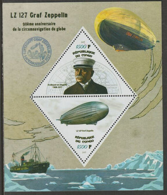 Congo 2019 Zeppelin Flight 90th Anniversary perf sheet containing two triangular values unmounted mint