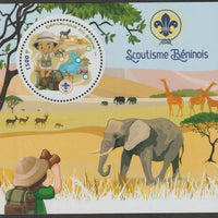 Benin 2018 Scouts #2 perf deluxe m/sheet containing one circular value unmounted mint