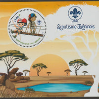 Benin 2018 Scouts #3 perf deluxe m/sheet containing one circular value unmounted mint