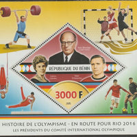 Benin 2015 History of the Olympic Games #1 perf m/sheet containing one diamond shaped value unmounted mint