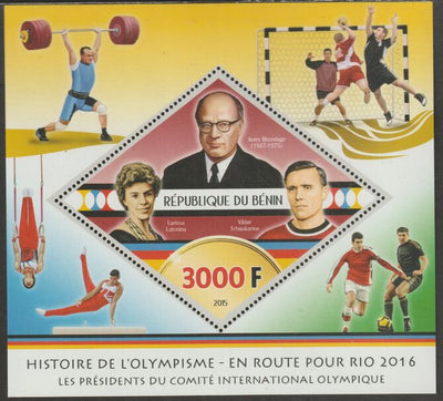 Benin 2015 History of the Olympic Games #1 perf m/sheet containing one diamond shaped value unmounted mint