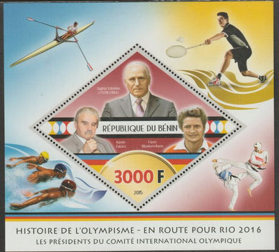 Benin 2015 History of the Olympic Games #6 perf m/sheet containing one diamond shaped value unmounted mint