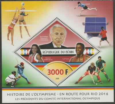 Benin 2015 History of the Olympic Games #8 perf m/sheet containing one diamond shaped value unmounted mint