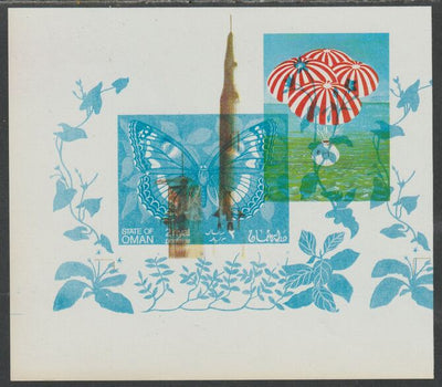 Oman 1970 Butterflies imperf printer's waste in blue only doubly printed with1969 Progress in Space m/sheet in magenta, cyan & yellow only, a remarkable and very visual item accompanied with the two m/sheets as issued