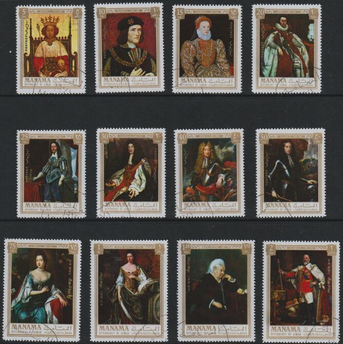 Manama 1971 British Kings & Queens complete perf perf set of 12 fine cds used , Mi 734-45
