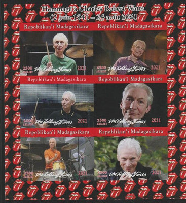 Madagascar 2021 Tribute to Charlie Watts (Rolling Stones) imperf sheet containing 6 values unmounted mint