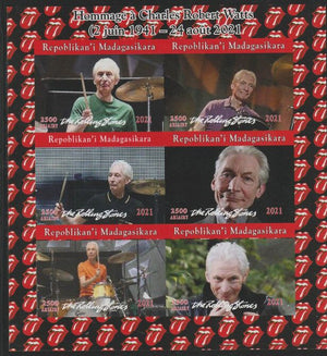 Madagascar 2021 Tribute to Charlie Watts (Rolling Stones) imperf sheet containing 6 values unmounted mint