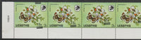 Lesotho 1986 Orange Tip Butterfly surcharged 15s on 3s horiz strip of 7 from the bottom of sheet showing surcharged misplaced obliquely, unmounted mint, as SG 725var