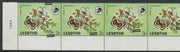 Lesotho 1986 Orange Tip Butterfly surcharged 15s on 3s horiz strip of 7 from the bottom of sheet showing surcharged misplaced obliquely, unmounted mint, as SG 725var