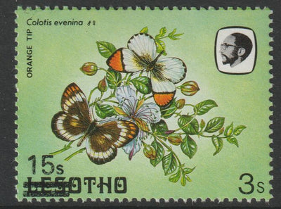 Lesotho 1986 Orange Tip Butterfly surcharged 15s on 3s unmounted mint single showing surcharge misplaced with bars obliterating the Country nane, as SG 725var
