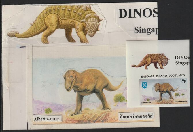 Easdale 1995 Albertosaurus 19p original composite artwork with overlay being stamp 1 from Singapore 95 Stamp Exhibition - Dinosaurs #1 size 150 x 120 mm complete with issued stamp