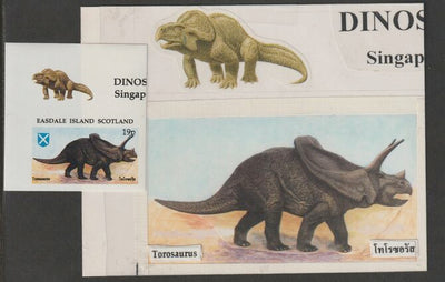 Easdale 1995 Torosaurus 19p original composite artwork with overlay being stamp 1 from Singapore 95 Stamp Exhibition - Dinosaurs #2 size 150 x 120 mm complete with issued stamp
