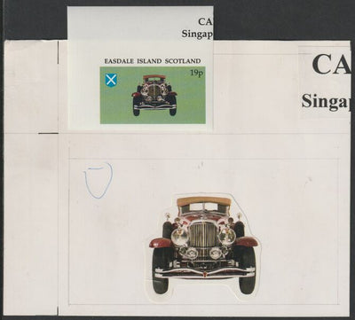 Easdale 1995 Early Car 19p original composite artwork without overlay being stamp 1 from Singapore 95 Stamp Exhibition - Cars size 150 x 120 mm complete with issued stamp