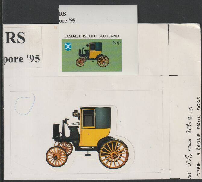Easdale 1995 Early Car 25p original composite artwork without overlay being stamp 2 from Singapore 95 Stamp Exhibition - Cars size 150 x 120 mm complete with issued stamp