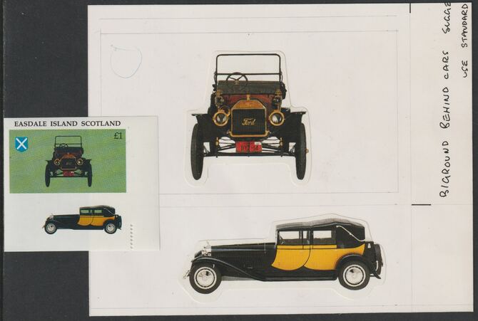 Easdale 1995 Early Car £1 original composite artwork without overlay being stamp 4 from Singapore 95 Stamp Exhibition - Cars size 150 x 120 mm complete with issued stamp