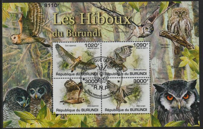Burundi 2011 Owls perf sheetlet containing 4 values with special commemorative cancellation