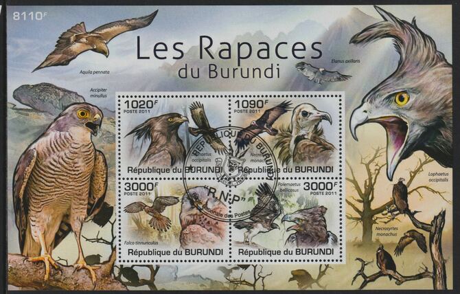 Burundi 2011 Birds of Prey perf sheetlet containing 4 values with special commemorative cancellation