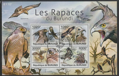 Burundi 2011 Birds of Prey perf sheetlet containing 4 values with special commemorative cancellation