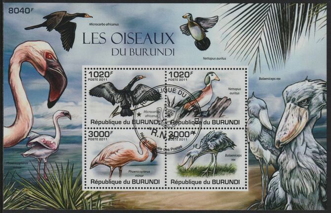 Burundi 2011 Birds of Burundi perf sheetlet containing 4 values with special commemorative cancellation