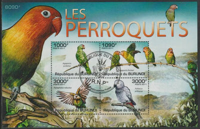 Burundi 2011 Birds - Parrots perf sheetlet containing 4 values with special commemorative cancellation