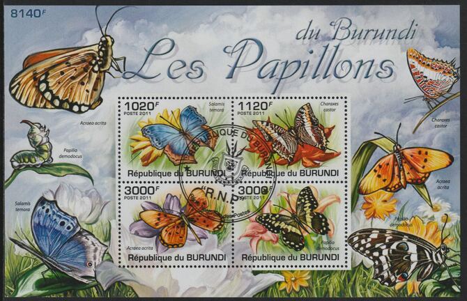 Burundi 2011 Butterflies of Burundi perf sheetlet containing 4 values with special commemorative cancellation