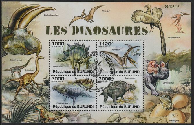Burundi 2011 Dinosaurs perf sheetlet containing 4 values with special commemorative cancellation