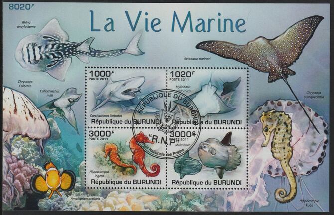 Burundi 2011 Marine Life perf sheetlet containing 4 values with special commemorative cancellation