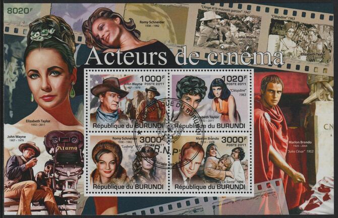 Burundi 2011 Movie Actors perf sheetlet containing 4 values with special commemorative cancellation