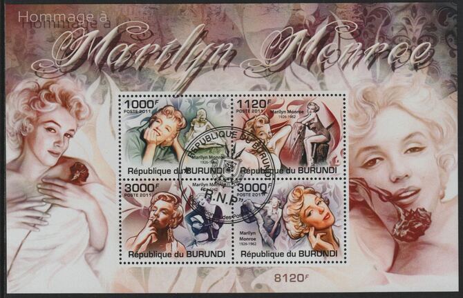 Burundi 2011 Marilyn Monroe perf sheetlet containing 4 values with special commemorative cancellation