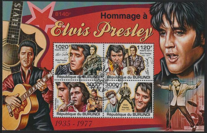 Burundi 2011 Elvis Presley perf sheetlet containing 4 values with special commemorative cancellation