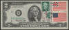 United States 1976 Jefferson $2 banknote bearing Jefferson 1c stamp plus 2 x 6c Flag stamps all tied with New York cancel of 13 April 1976, the first day of issue of the banknote