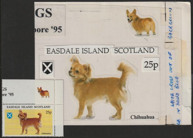 Easdale 1995 Dogs 25p Chihuahua original composite artwork with overlay being stamp 2 from Singapore 95 Stamp Exhibition - Dogs size 150 x 120 mm complete with issued stamp