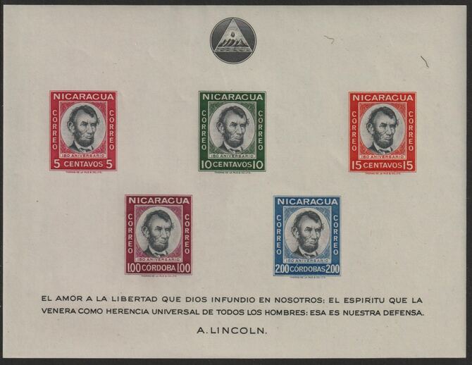 Nicaragua 1960 150th Birth Anniversary of Abraham Lincoln imperf m/sheet unmounted mint SG MS1376a