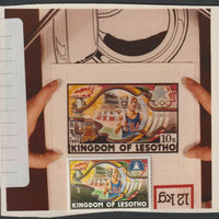 Lesotho 1984 Los Angeles Olympic Games coloured photograph of essay for 10s value showing Torch Bearer, with official label on reverse giving technical details plus issued stamp SG 590