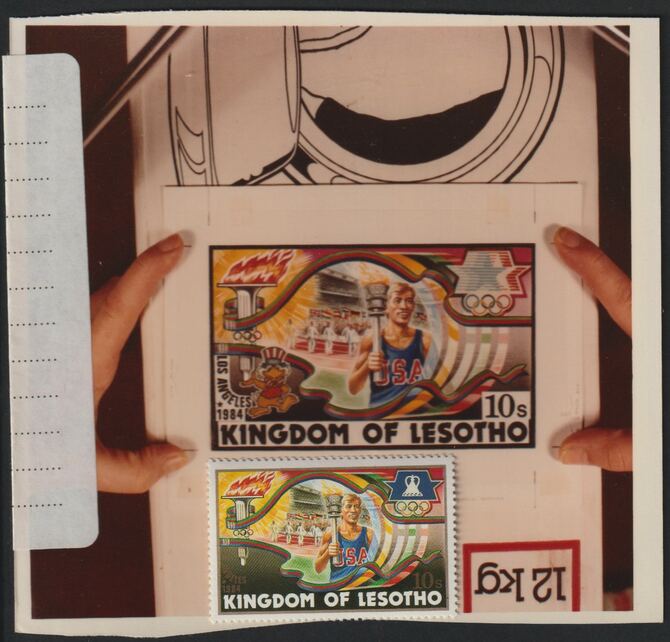 Lesotho 1984 Los Angeles Olympic Games coloured photograph of essay for 10s value showing Torch Bearer, with official label on reverse giving technical details plus issued stamp SG 590