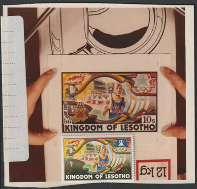 Lesotho 1984 Los Angeles Olympic Games coloured photograph of essay for 10s value showing Torch Bearer, with official label on reverse giving technical details plus issued stamp SG 590